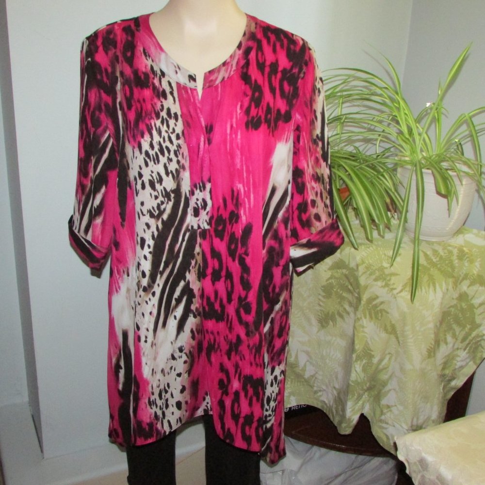Zac & Rachel Long Loose Tunic Top Flowy Blouse Shirt Pink Black Top LG Bohemian